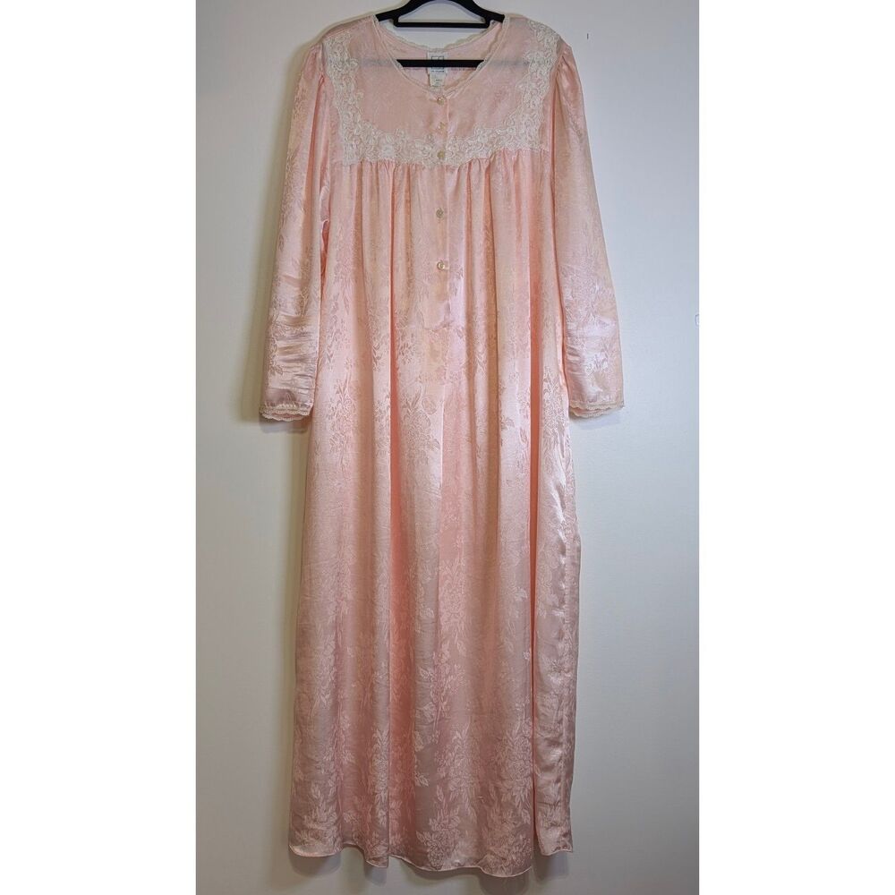Vintage Eve Stillman Nightgown L Pink Floral Lace Trim Long Sleeve Maxi Gown - Picture 2 of 10